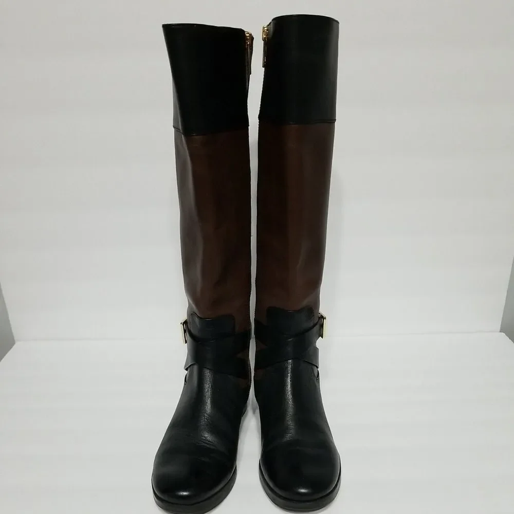 MICHAEL KORS Tall Fulton Black Brown Leather Harness Knee High Boots Women 5.5 M